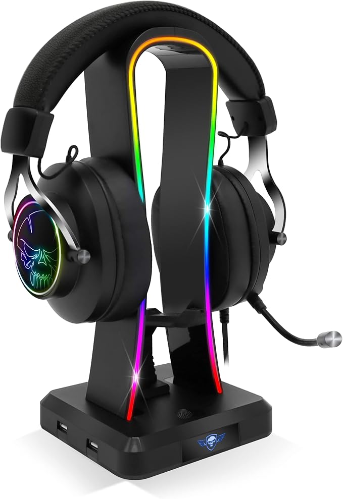 Spirit Of Gamer - Sentinel - Support Casque Gaming RGB - Porte Casque Gamer Multifonction 11 Effets Lumineux - Compatible PC/PS4/Console - 4 Ports USB - Câble USB-C et Guide Câble Souris Inclus