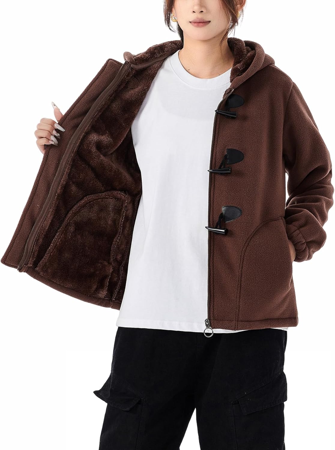JiangWu Winter Coats for Women Full Zip Polar Fleece Jacket Sherpa Lined Outdoor Warm Coat - Image 3