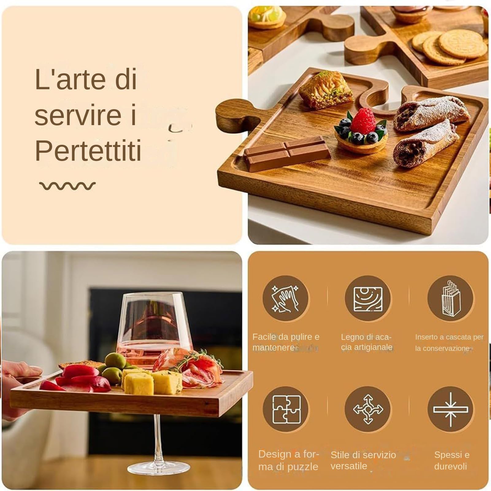 Bandeja para Servir Comida Juego De Presentación con Diseño De Puzzle | Tabla de Quesos y Embutidos con Asas Para Snack Tarta Postre Cocina Hogar Sala De Estar De Estreno Buffet De Vacaciones