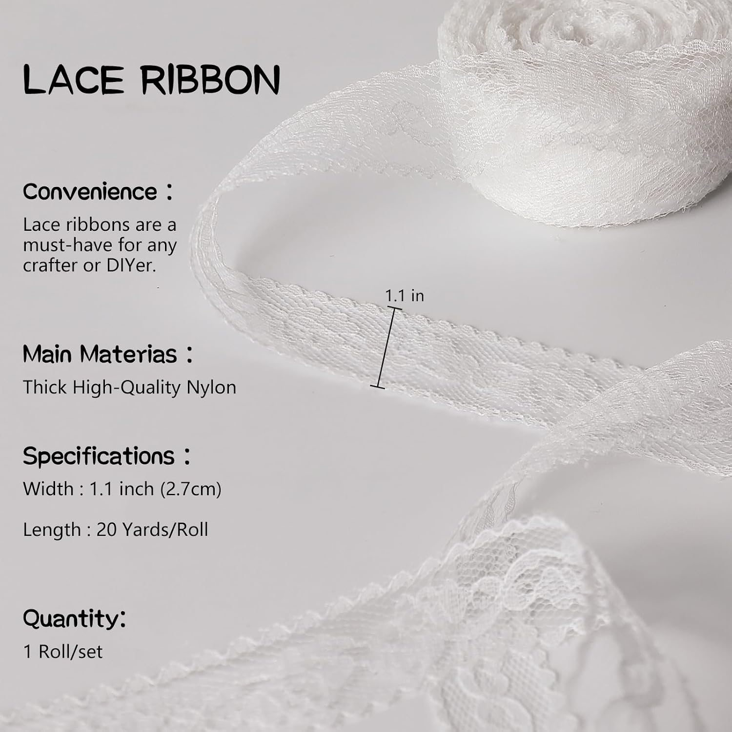 1 inch White Lace Ribbon for Gift Wrapping, 20Yard Lace Trim Ribbon for Sewing Crafts, Dress Decoration, White Floral Ribbons for Flower Bouquet, Christmas, Party Decorations, Wedding