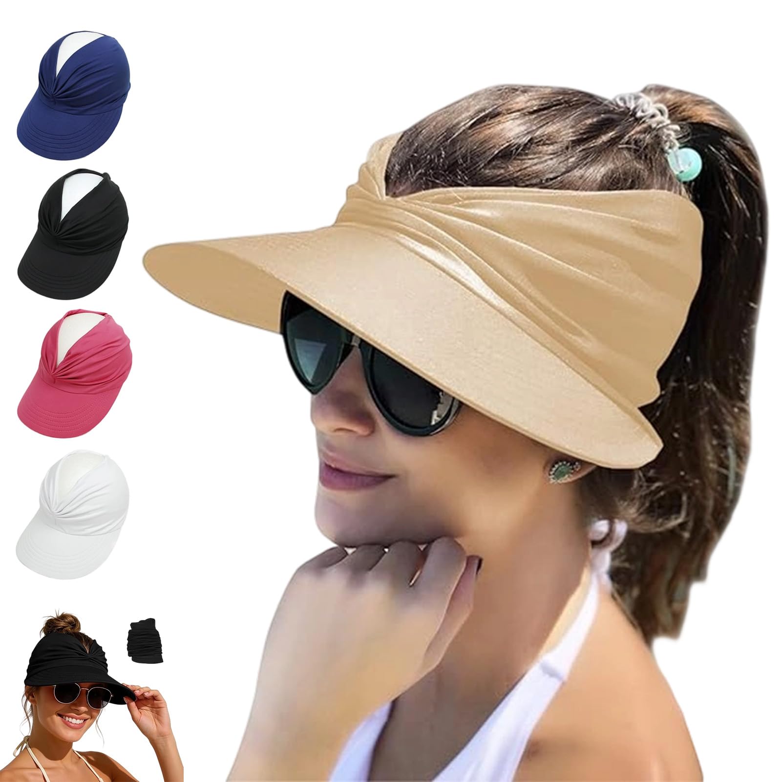 Fjaldjfu Women's Beige Upf 50+ Uv Protection Sun Visor Hat, Wide Brim Quick Dry Foldable Summer Sun Hats, Beach Hats For (Beige)