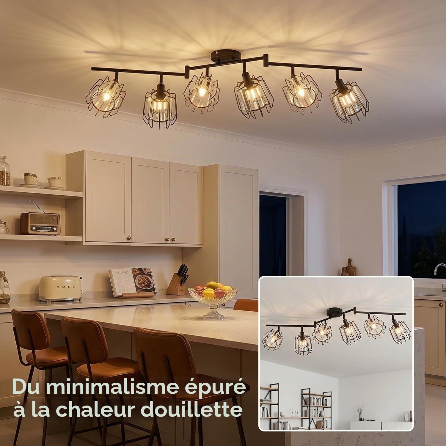 LVWIT Luminaire Plafonnier LED 6 Spots, E14 Luminaires Intérieur Orientable Noir, Spot de Plafond en Cristal, Plafonnier Salon, salle à Manger, Cuisine, Chambre (Sans Ampoules)