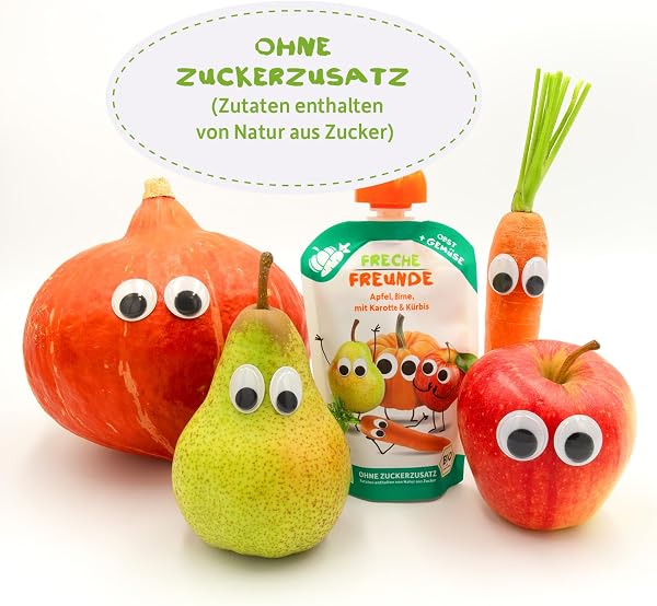 FRECHE FREUNDE Bio Quetschie Apfel, Birne, Karotte & Kürbis, Fruchtmus mit Gemüse im Quetschbeutel für Babys ab dem 6. Monat, vegan, 6er Pack (6 x 100g) - 3
