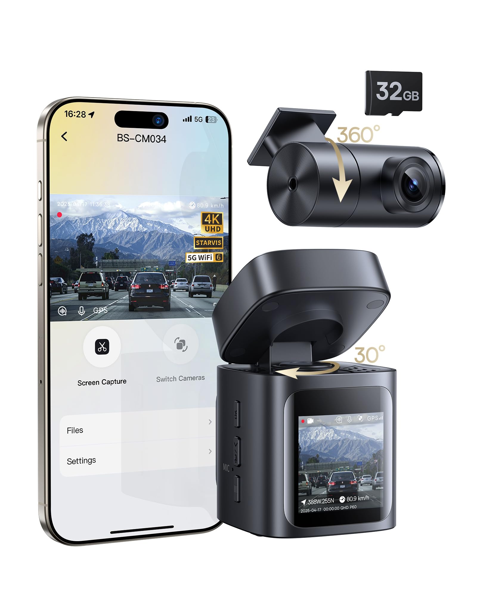Baseus VD1 Pro Dash Cam Front and Rear, 4K+1080P Dash Camera for Cars, Solar Hardwire-Free Parking Mode, Starvis Night Vision, 32 GB Card Included, 5GHz WiFi, GPS, 170°Wide Angle,Voice Control