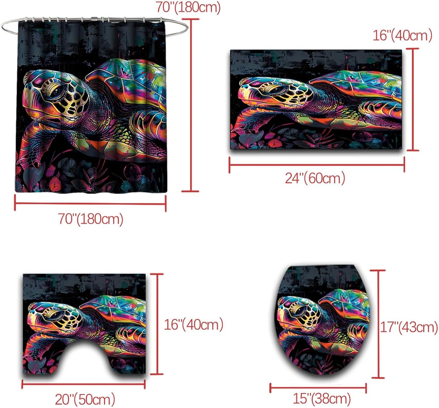 Sea Turtle Bathroom Rug Set - 4 Piece Set with 12 Hooks, 70" x 70"