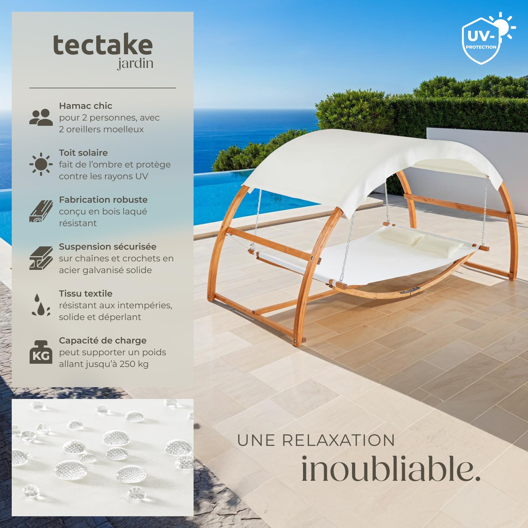 tectake® Hamac sur Pied XXL Hamac 2 Places Coton avec Toit & Support en Bois 328 x 160 x 171,5 cm, Supporte jusqu'à 250 kg, Couchage 202 x 138 cm, Coussins Inclus pour Terrasse Exterieur Piscine