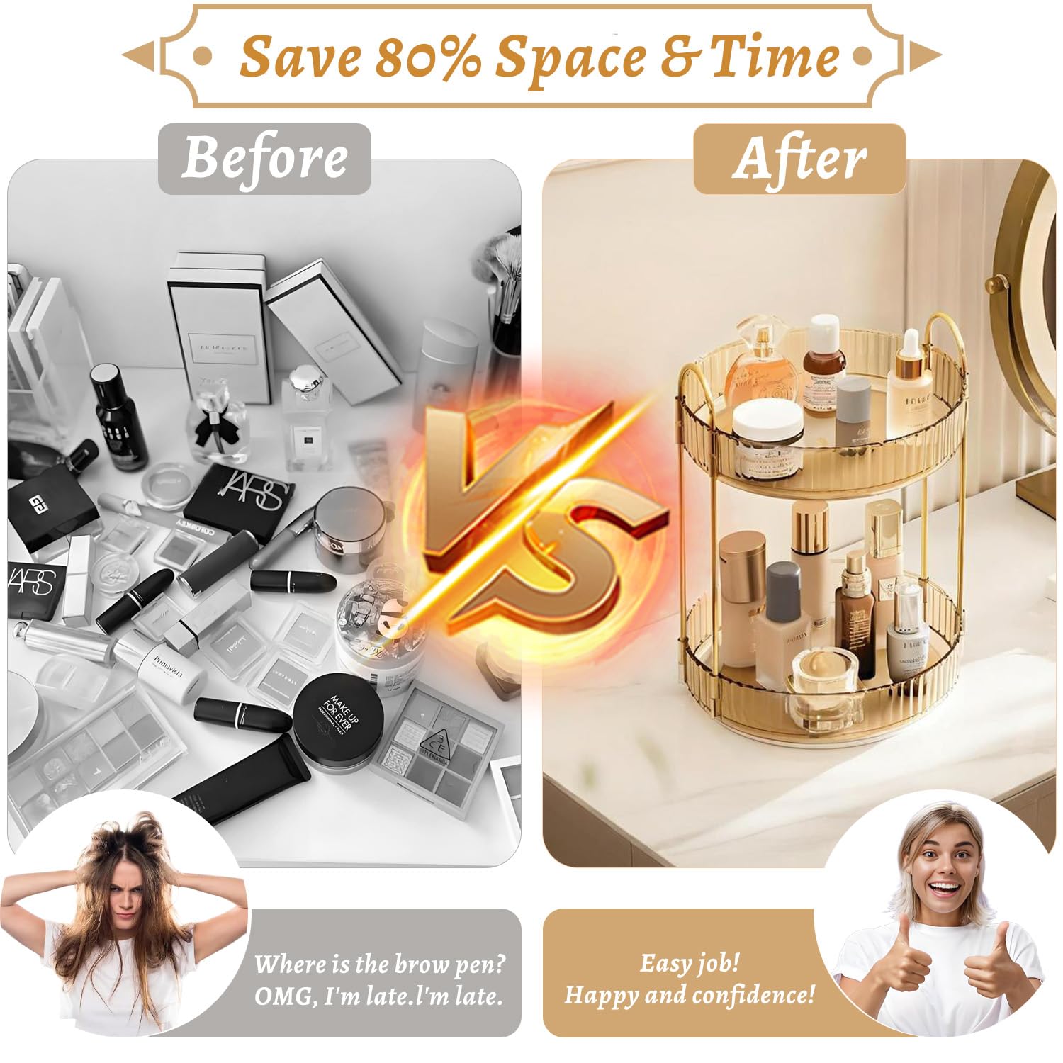 Organizzatore per trucchi per Vanity girevole a 360, organizer per cosmetici di grande capacità per rossetti, gioielli, cura delle unghie, cura della pelle, profumi, organizer da scrivania ideale per