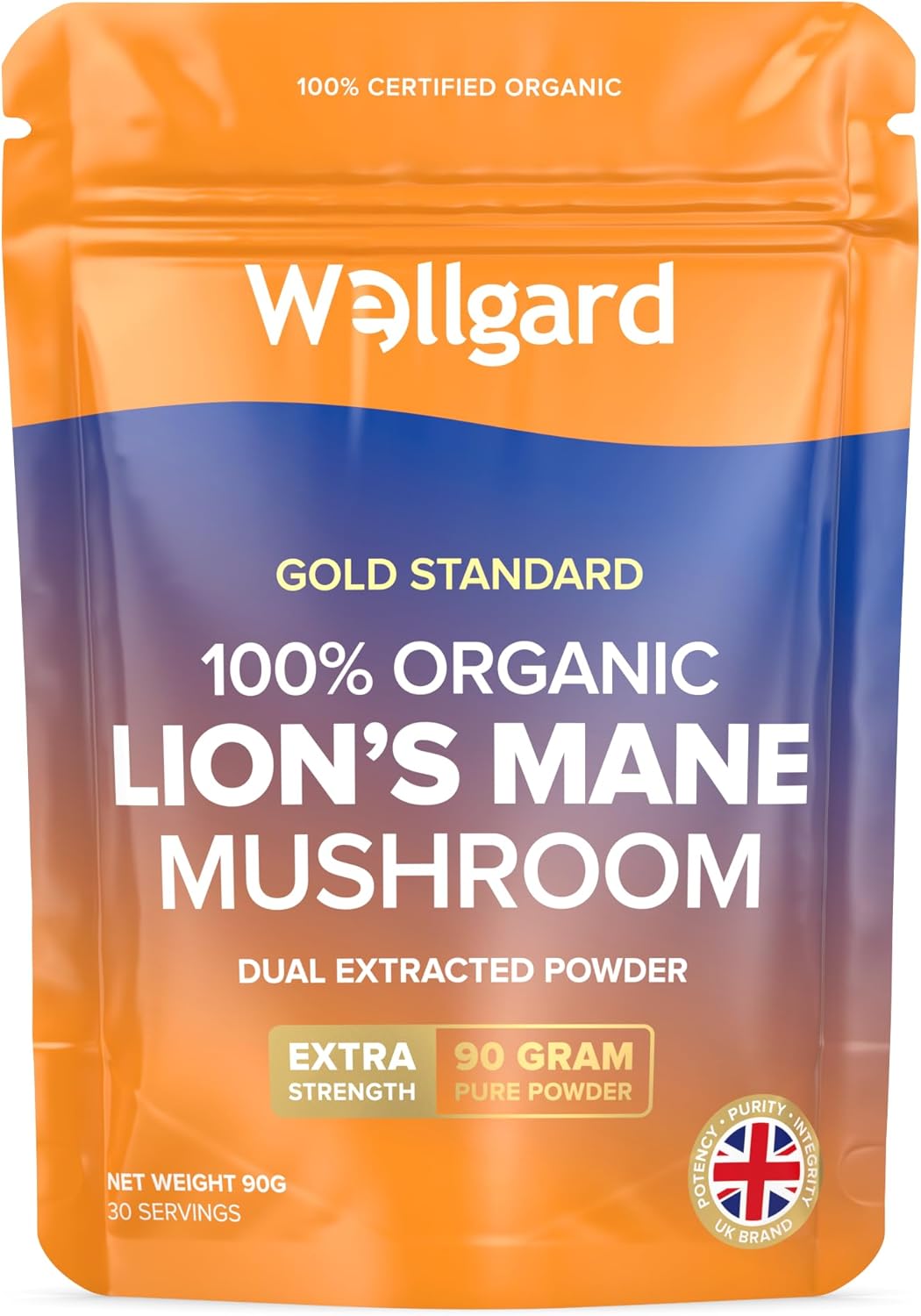 Wellgard Organic Lion’s Mane Mushroom Powder 90 Grams – Mushroom Supplement, Dual Extract, Easy to Use, Certified Organic
