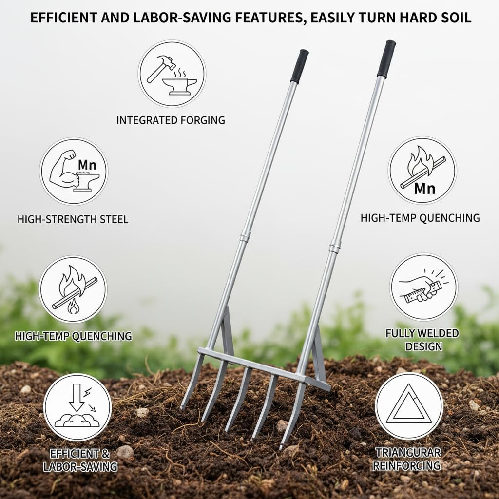 5-Tine Heavy Duty Broadfork, Rust-Resistant Professional Garden Fork with Widened Foot Pedal, High-Strength All-Steel Soil Tiller for Aerating Clay Soil, Easy Assembly Tool for Farming