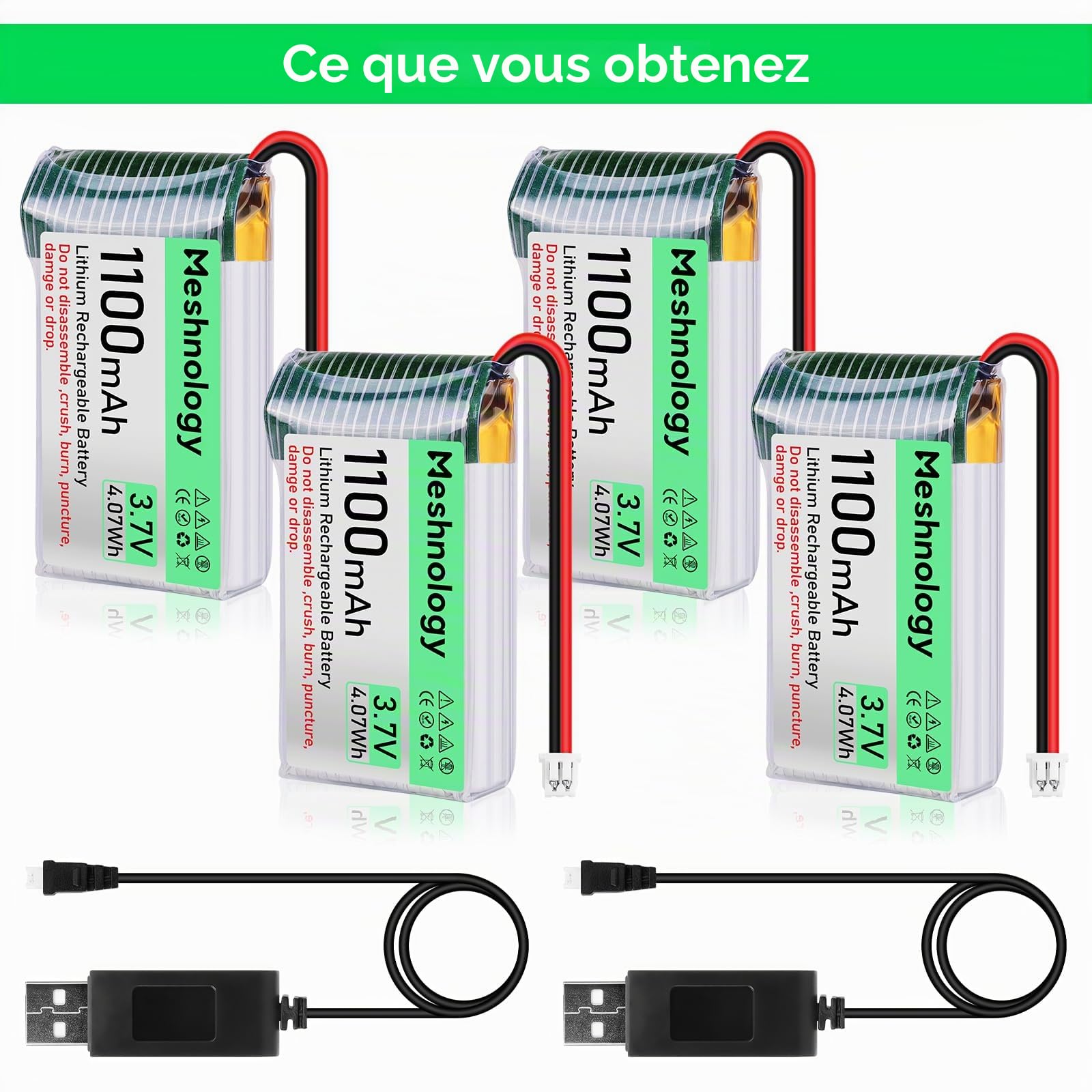 Lot de 4 batteries LiPo 3,7 V 1100 mAh avec câble de charge USB 102540 1S avec panneau de protection, ruban en caoutchouc isolé et prise micro JST 1,25 pour Arduino ESP32 Module Board Drone