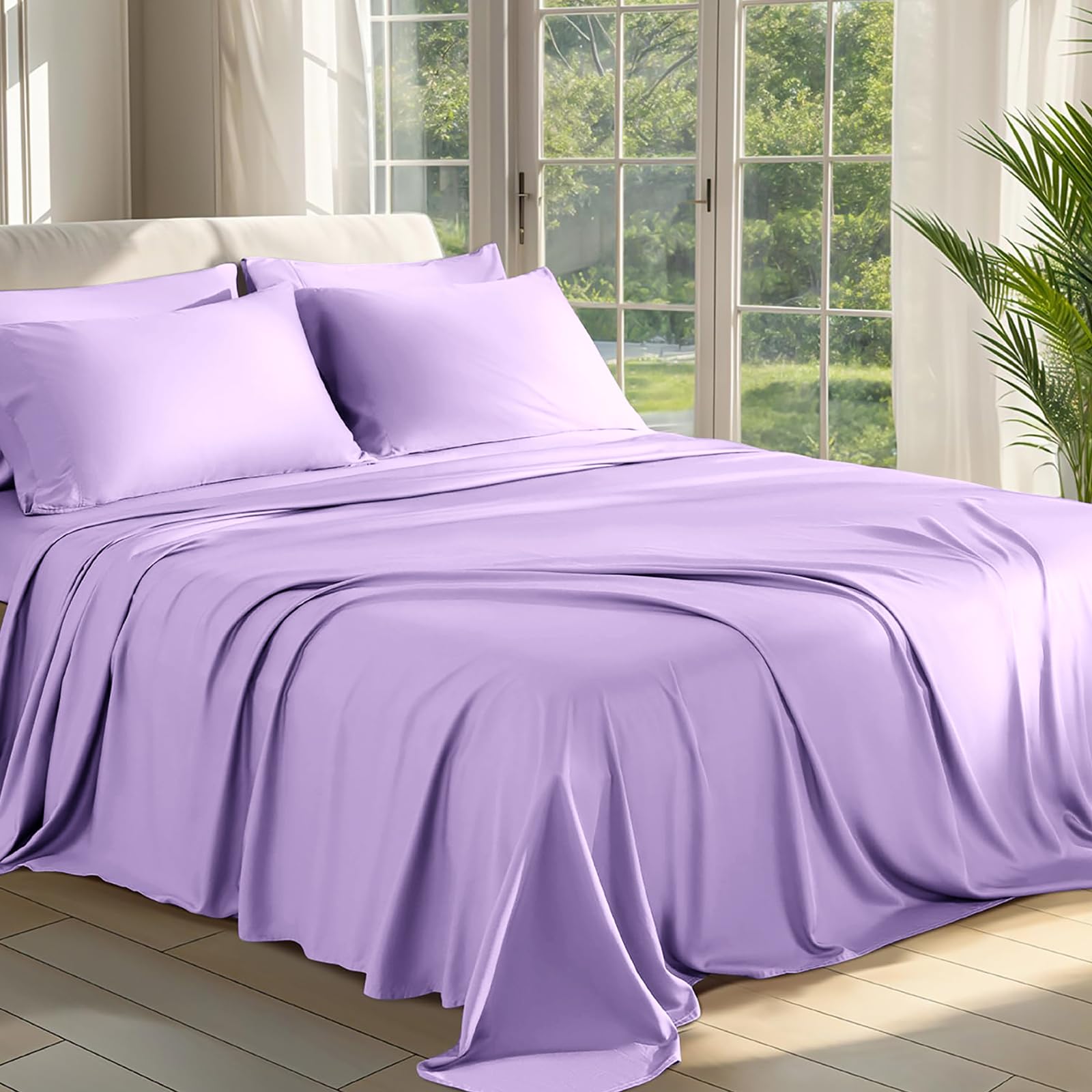 Shilucheng 100% Viscose Derived from Bamboo_ Sheets King Size 4pcs - Ultra Cooling & Silky Soft Bed Sheets, 16" Deep Pocket, Perfect for Hot Sleepers, Hotel Bedding Sheets (French Blue): 11 - Lilac Queen (6 Piece Set)