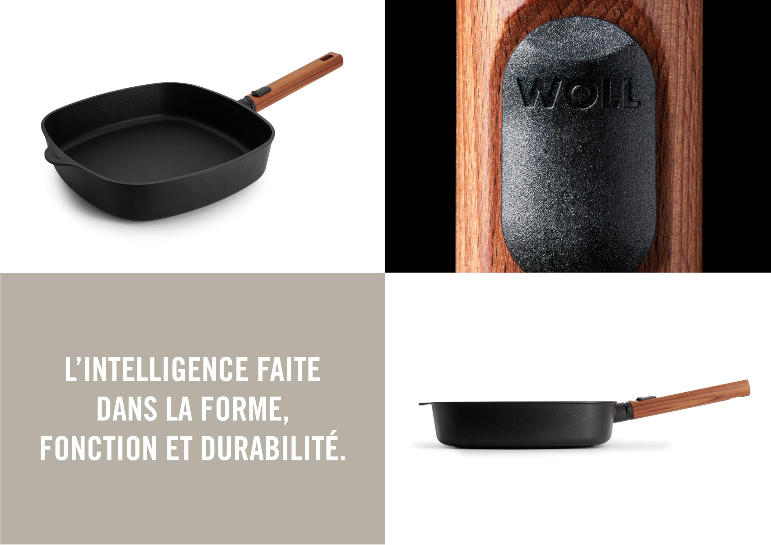 Woll – Poêle carrée Eco Logic QXR 28 x 28 cm avec manche amovible en bois – poêle antiadhésive sans PFAS, compatible four – poêle induction – poêle pour induction – poêle à frire carrée