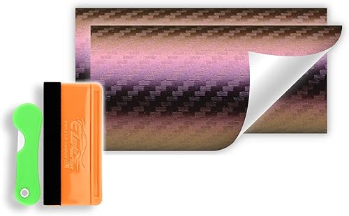 Kit de herramientas gratuitas de 2 piezas de 5 x 10 pulgadas, emblema Chevy corbatín de fibra de carbono camaleón, color morado, dorado, lámina de