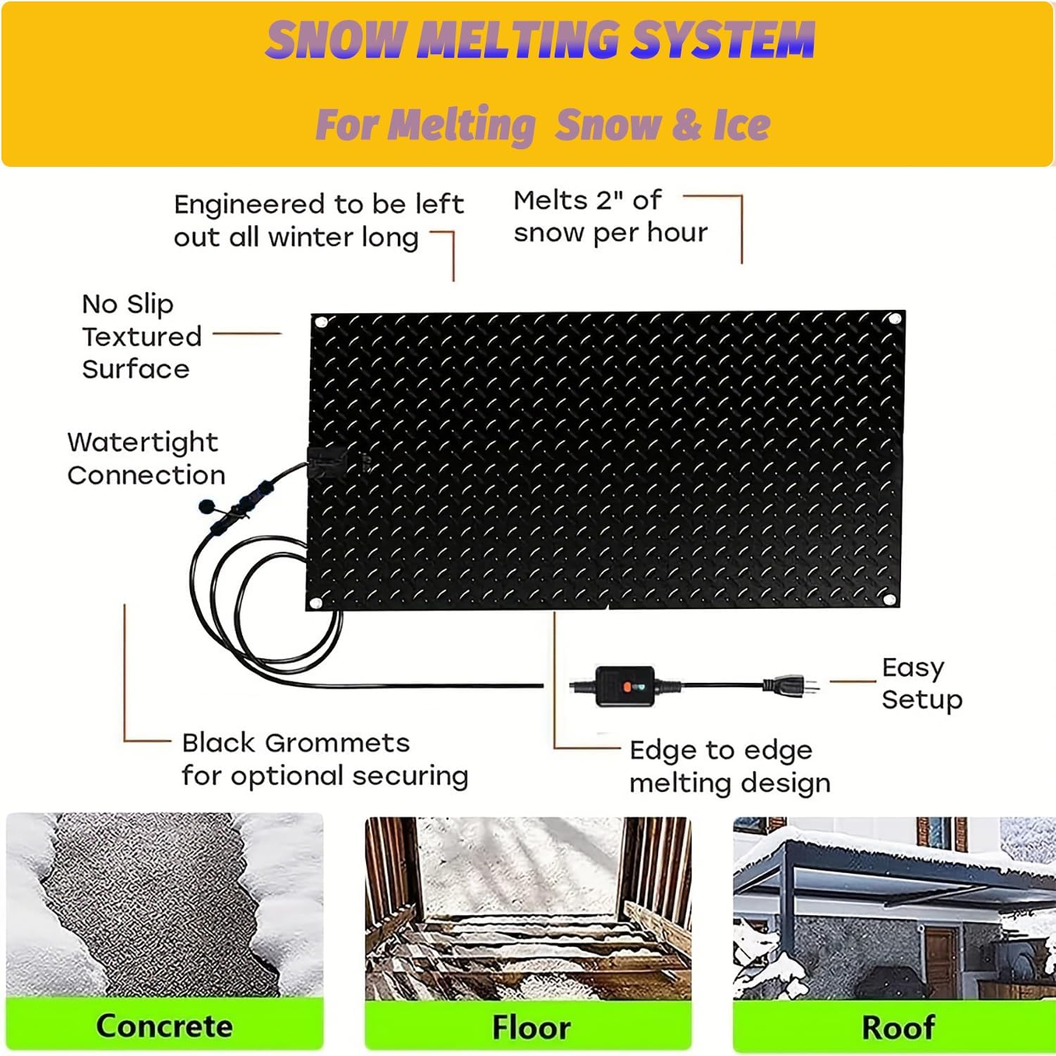 Heated Snow Melting Mats for walkways Stairs- Outdoor Heated Mats- Non-Slip Electric Heated Foot Mats for Winter Snow Removal- Heated Snow Melting Mat for Stairs garages Driveway (10in x 48in)