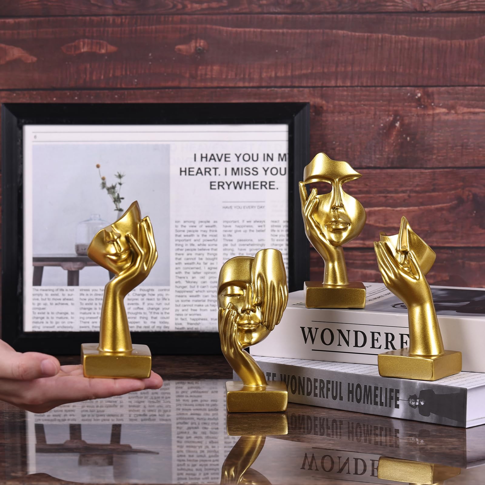 Set di 4 statuette dorate astratte, scultura moderna design per soggiorno, oggetti decorativi per casa, decorazioni libreria, statuette per scaffale, scrivania e tavolino (Oro)