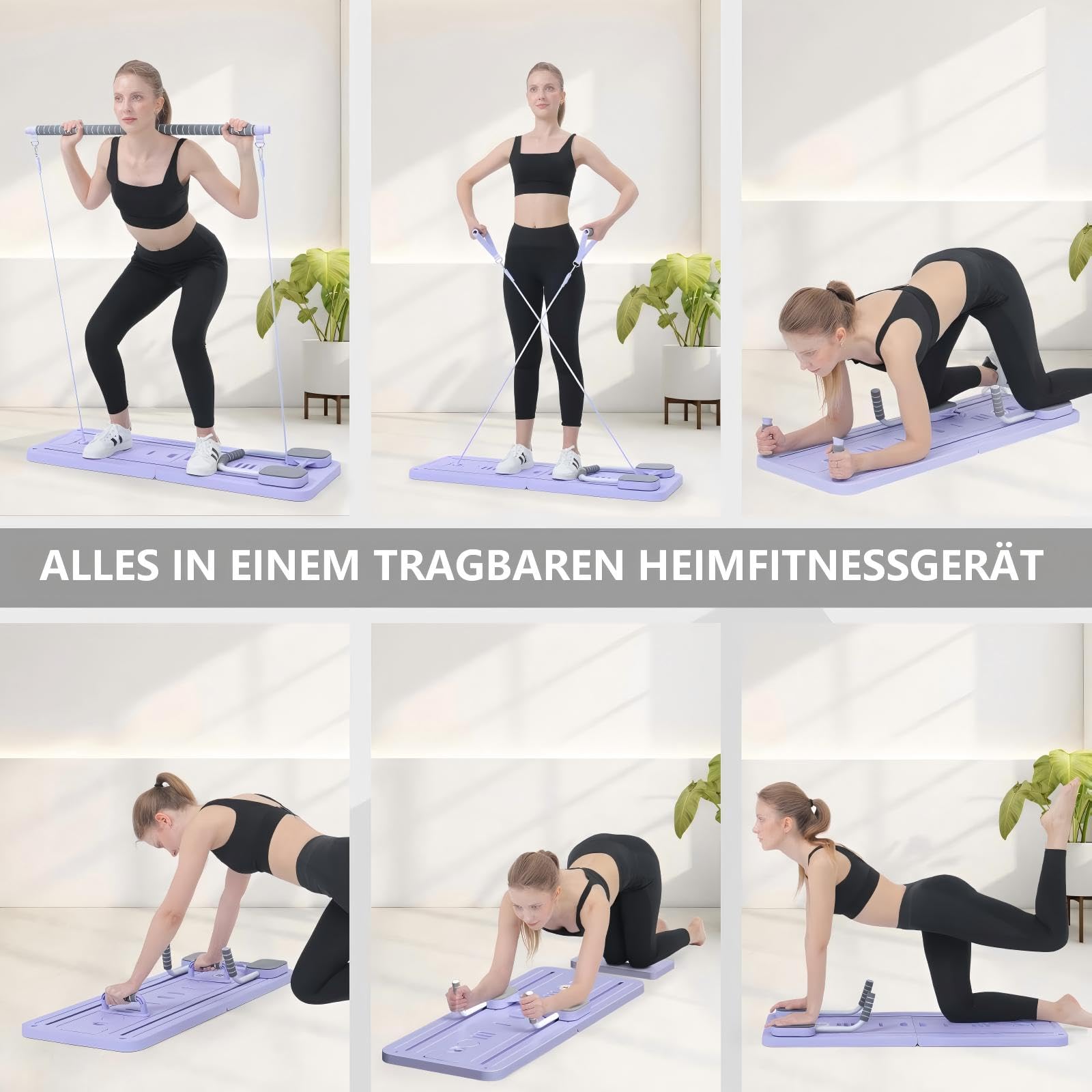 Pilates Board,Upgraded Multifunctional Faltbarer Pilates Reformer,Automatisches Rebound Bauchmuskeltrainer Mit Widerstandsband,Exercise Board for Home Exercises,Lila