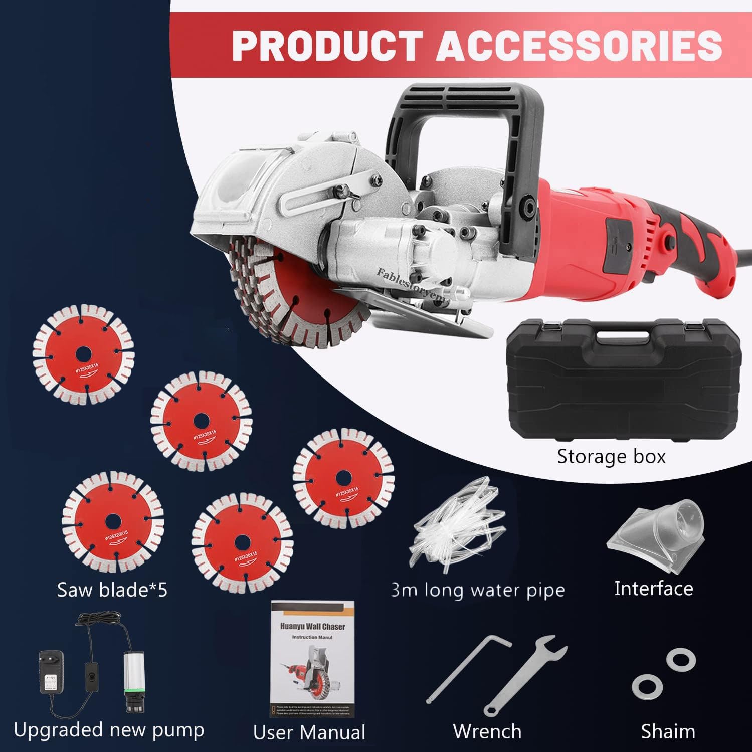 Rozadora de Pared 4000W Fresadora de Muro 7500u / Min Amoladora Eléctricas Máquina Ranurada con Discos de Corte Diamante (5 pcs 125mm),Red