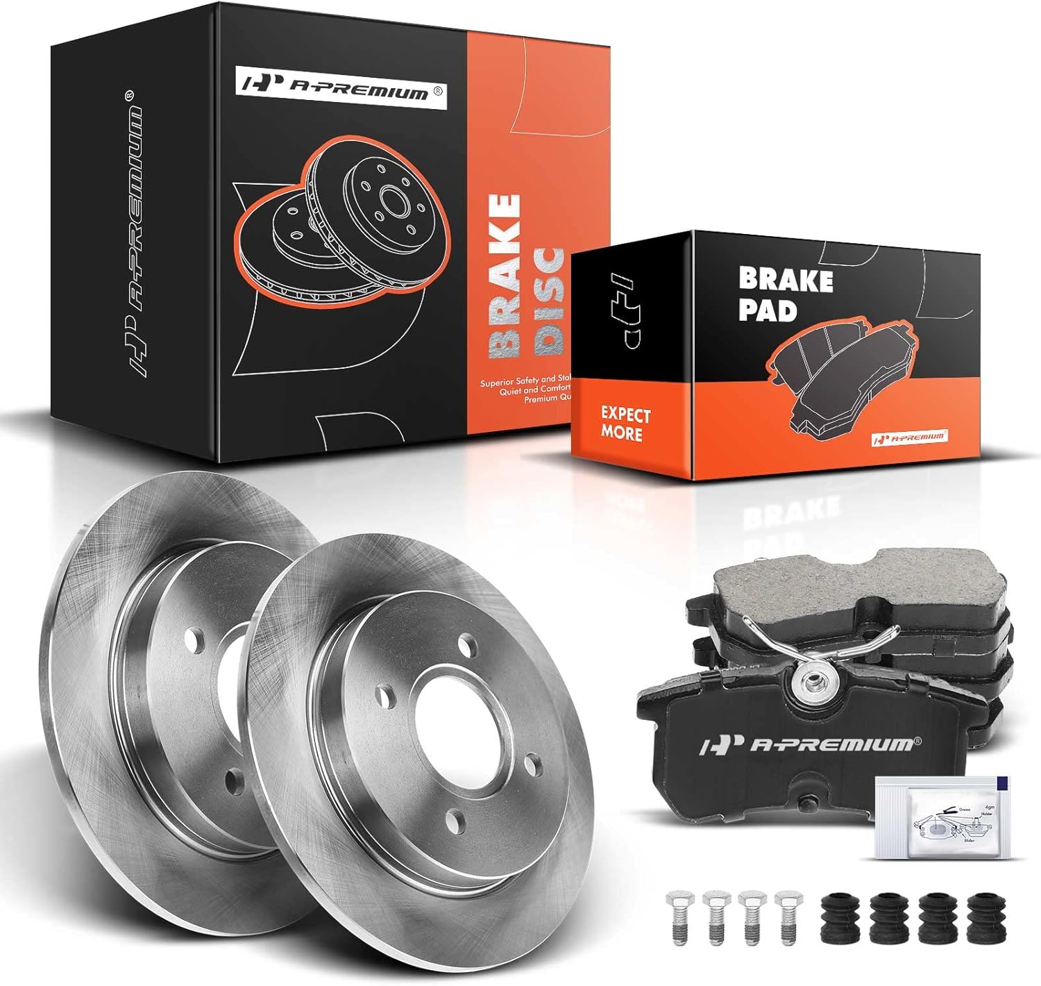 A-Premium 10.94 inch(278 mm) Rear Solid Disc Brake Rotors + Ceramic Pads Kit Compatible with Select Ford Models - Fiesta 2014-2019, Focus 2001-2007, 6-PC Set
