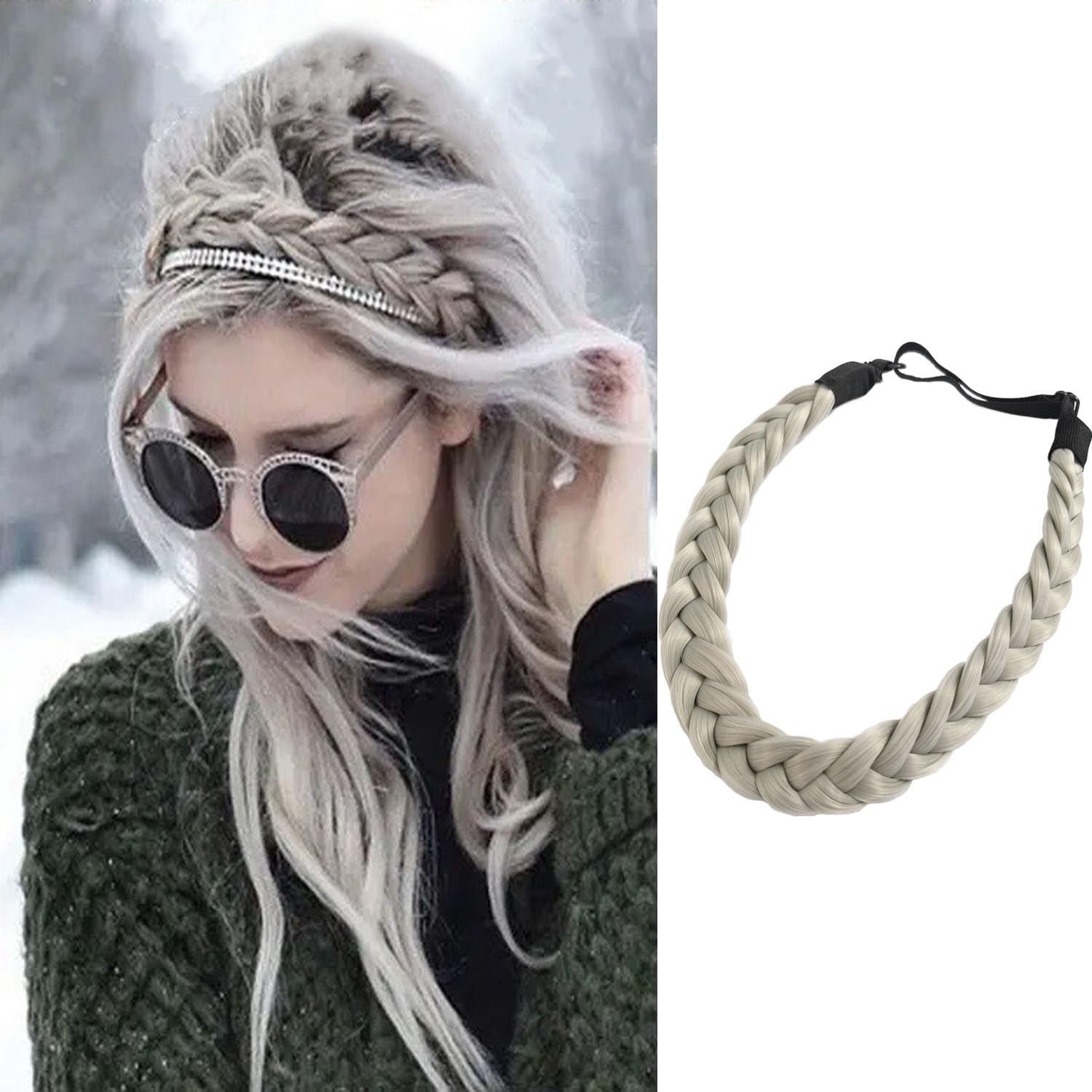 Braided Hair Band for Women, Soft Elastic Plait Headband in Light Grey - Image 4