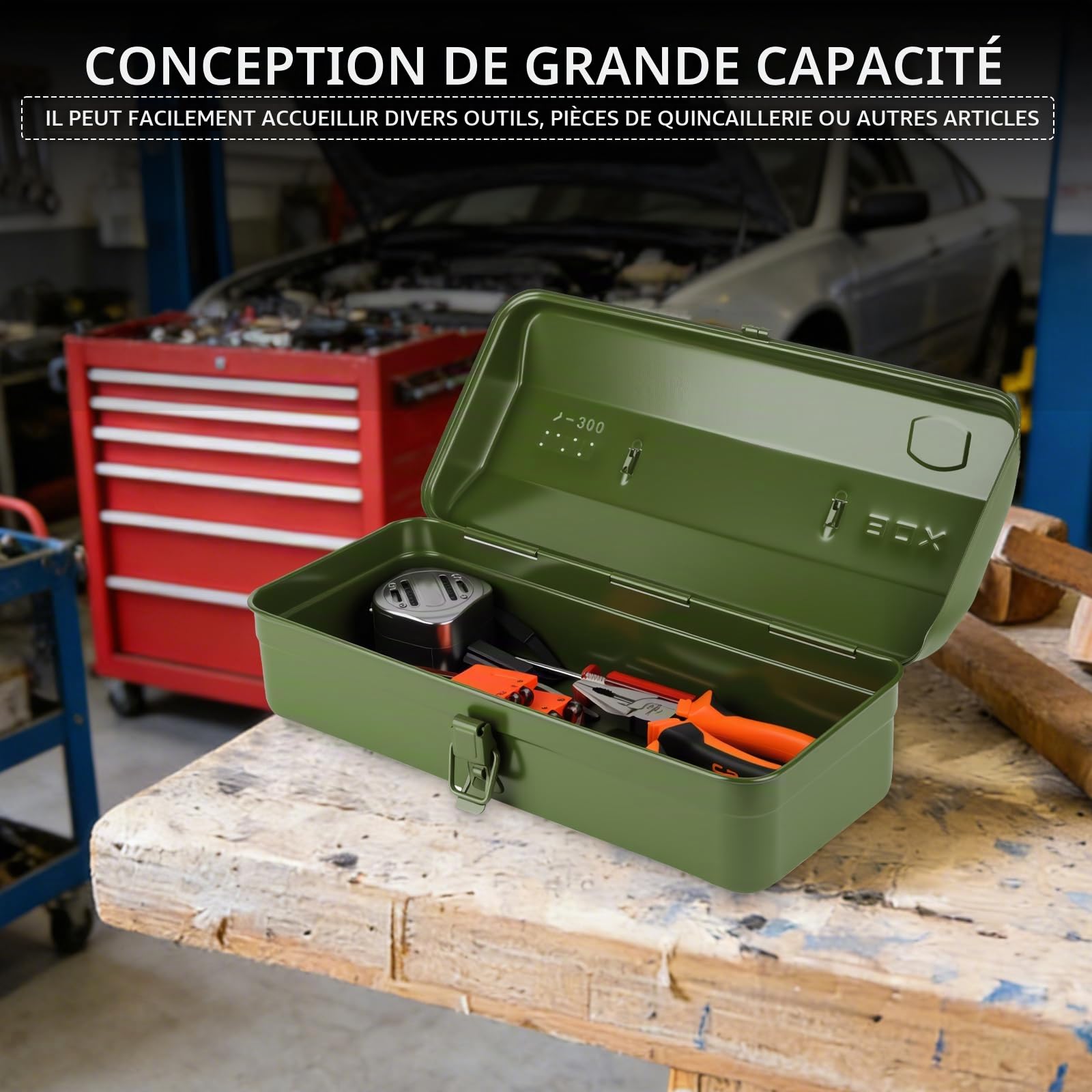 Boite Outils Metal Verte, 37 × 16 × 12 cm, Caisse pour Outils avec Verrouillage à Pression et Poignée Ergonomique, Boîte à Outils Portable pour Atelier, Maison, Usage Quotidien
