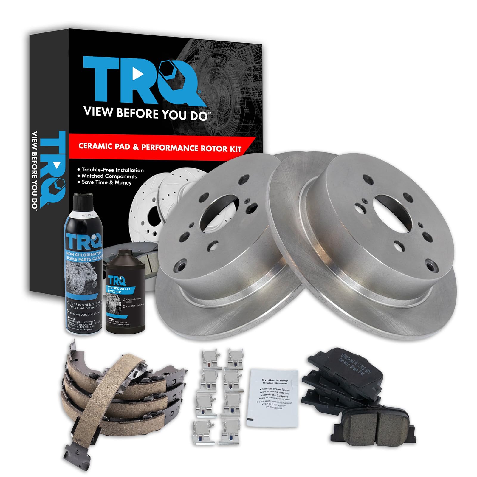 TRQ Rear Brake Pad &amp; Rotor Kit, with Chemical Kit Parking Brake Shoe Set Ceramic Compatible with 2005-2010 Scion tC