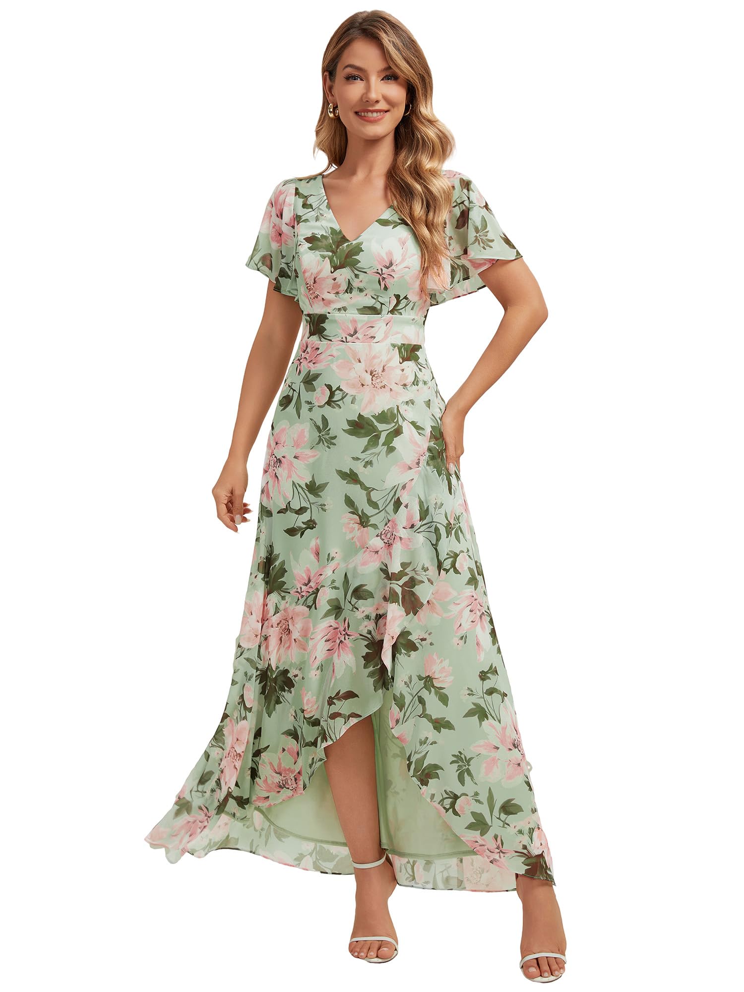 Ever-Pretty Abiti da Damigella Collo a V Maniche Corte Chiffon High Low Sbordi Asimmetrici ES02758