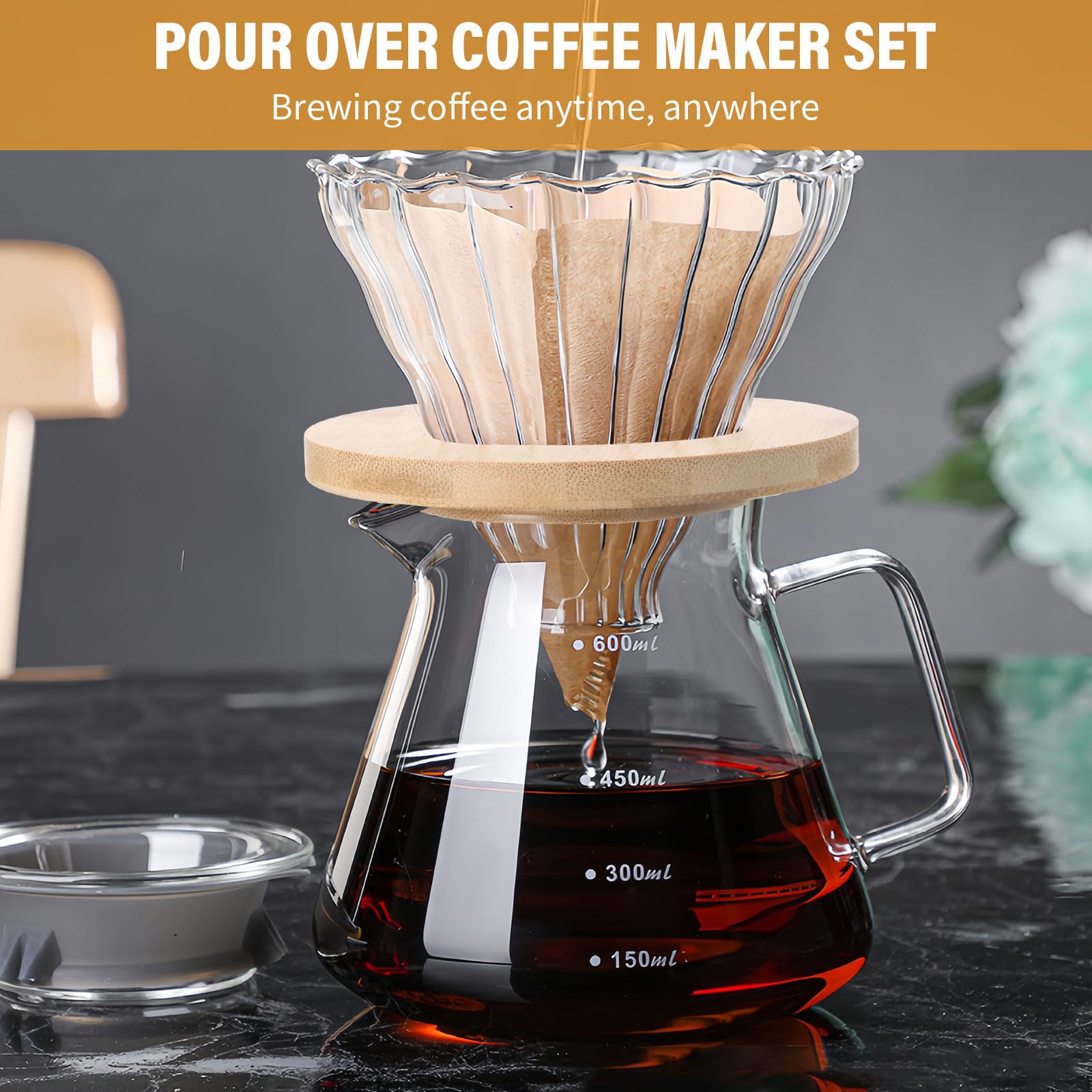 Cafetière Pour-Over en Verre 600ml - Manuelle avec Filtre et Couvercle - Infusée à la Main - Verseuse Transparente
