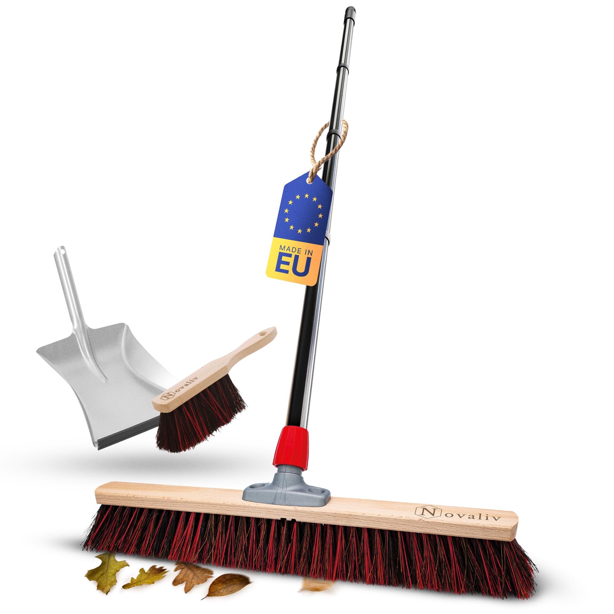 Novaliv Straßenbesen mit Stiel 60 cm Arenga-Elaston Borsten inkl. Kehrgarnitur verzinkt bestehend aus Kehrblech und Handfeger Ideal als Gartenbesen Terassenbesen Hofbesen Kehrbesen Outdoor Broom