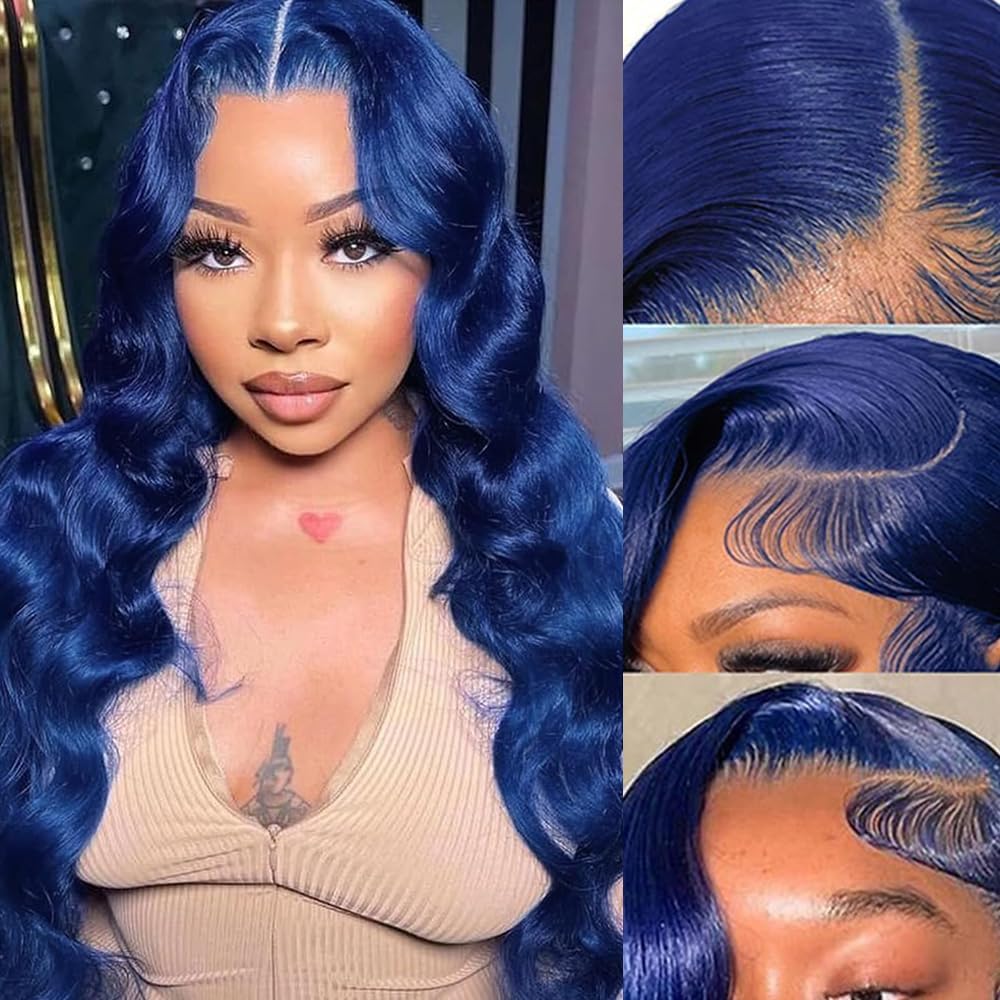 Blue Lace Front Wigs Human Hair Body Wave 13X4 HD Dark Blue Lace Front Wig Human Hair Wear and Go Glueless Navy Blue Wig Human Hair Pre plucked with Baby Hair Royal Blue Frontal Wigs For Black Women