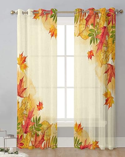 Miniatura 2 de Cortinas traslúcidas de hoja de arce de 39 pulgadas de largo, juego de 2 paneles de cortinas para cocina, dormitorio, sala de estar, puerta,