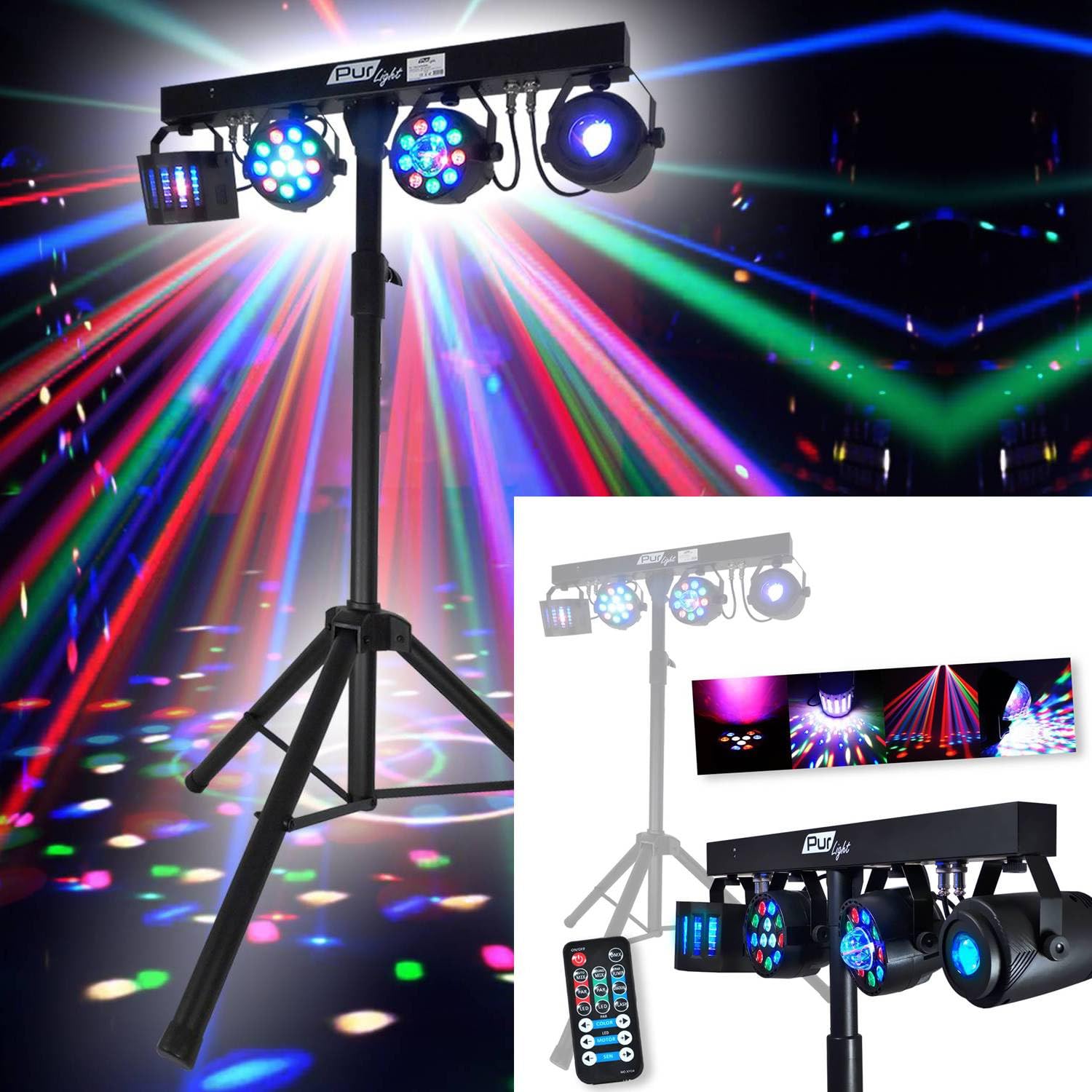 KIT Sono Complet 2400W DJ BM Bmsonic, 4 Enceintes Satellites, 2X Mega SUB 38cm USB/Bluetooth, Câbles, Micros, 2 PORTIQUES LUMIERES