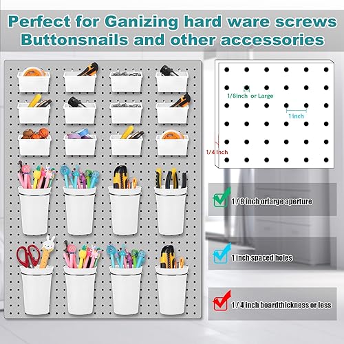 Miniatura 5 de Juego de 20 organizadores de tablero de clavijas, cubos de tablero de clavijas, vasos, ganchos y bucles, kit de sistema de organización de