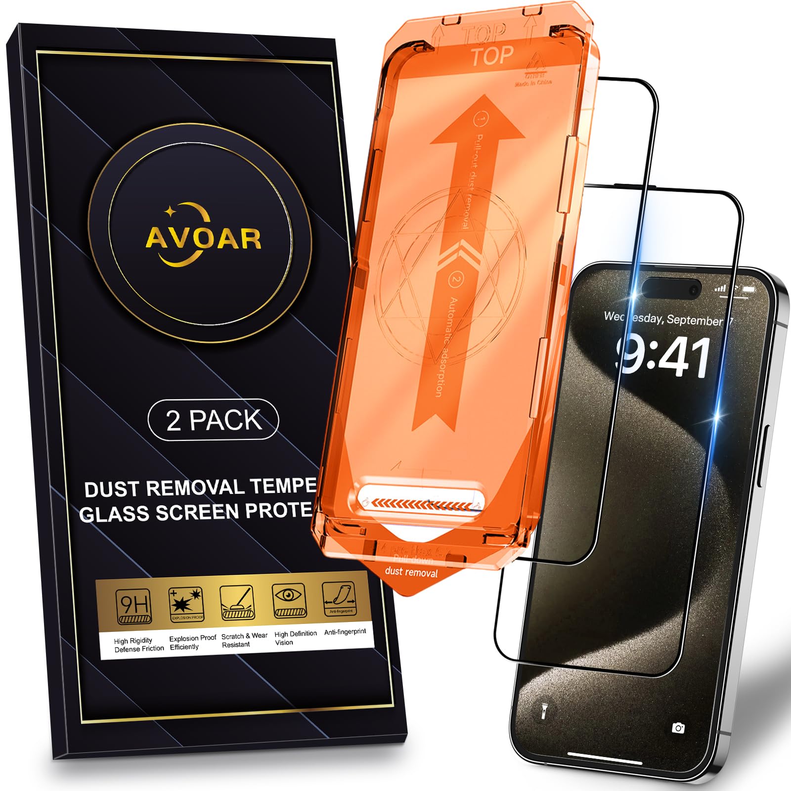 AVOAR 2 Pack for iPhone 15 Pro Screen Protector, [Automatic Dust Removal] [Drop Protection] 9H Full Screen Tempered Glass for iPhone 15 Pro 6.1"
