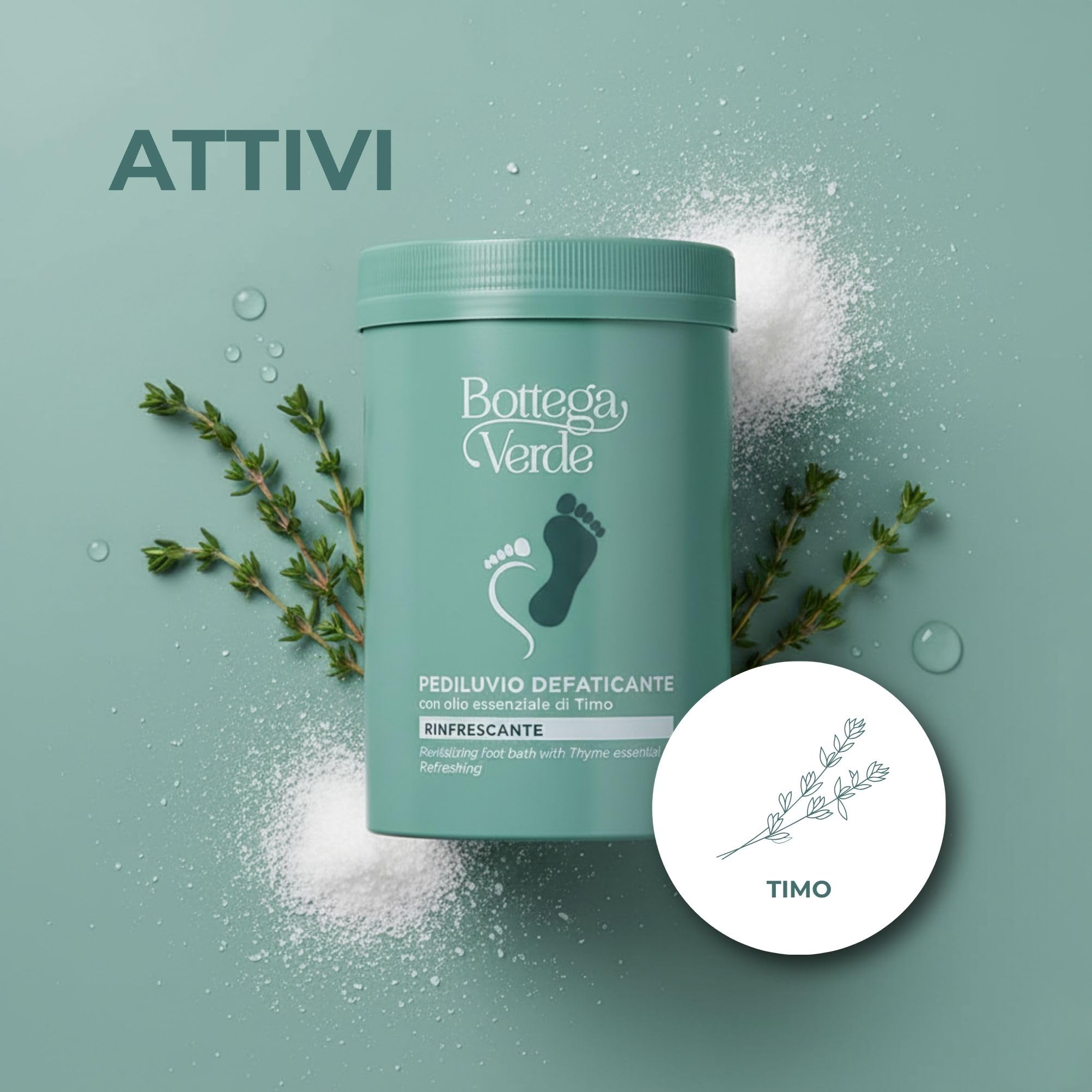 Bottega Verde - Pediluvio Defaticante, 250 g, con Olio Essenziale di Timo, Sali Rinfrescanti, Rilassanti e Rigeneranti per Piedi e Gambe
