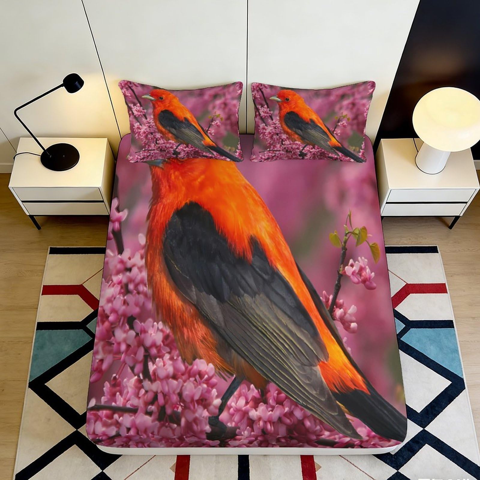 3D Printed Orange Bird Fitted Sheet, Microfiber Soft Touch, Wrinkle Resistant, Bedroom Decor, Apartment Bedding, Dustproof Bed Cover 90x200x25cm