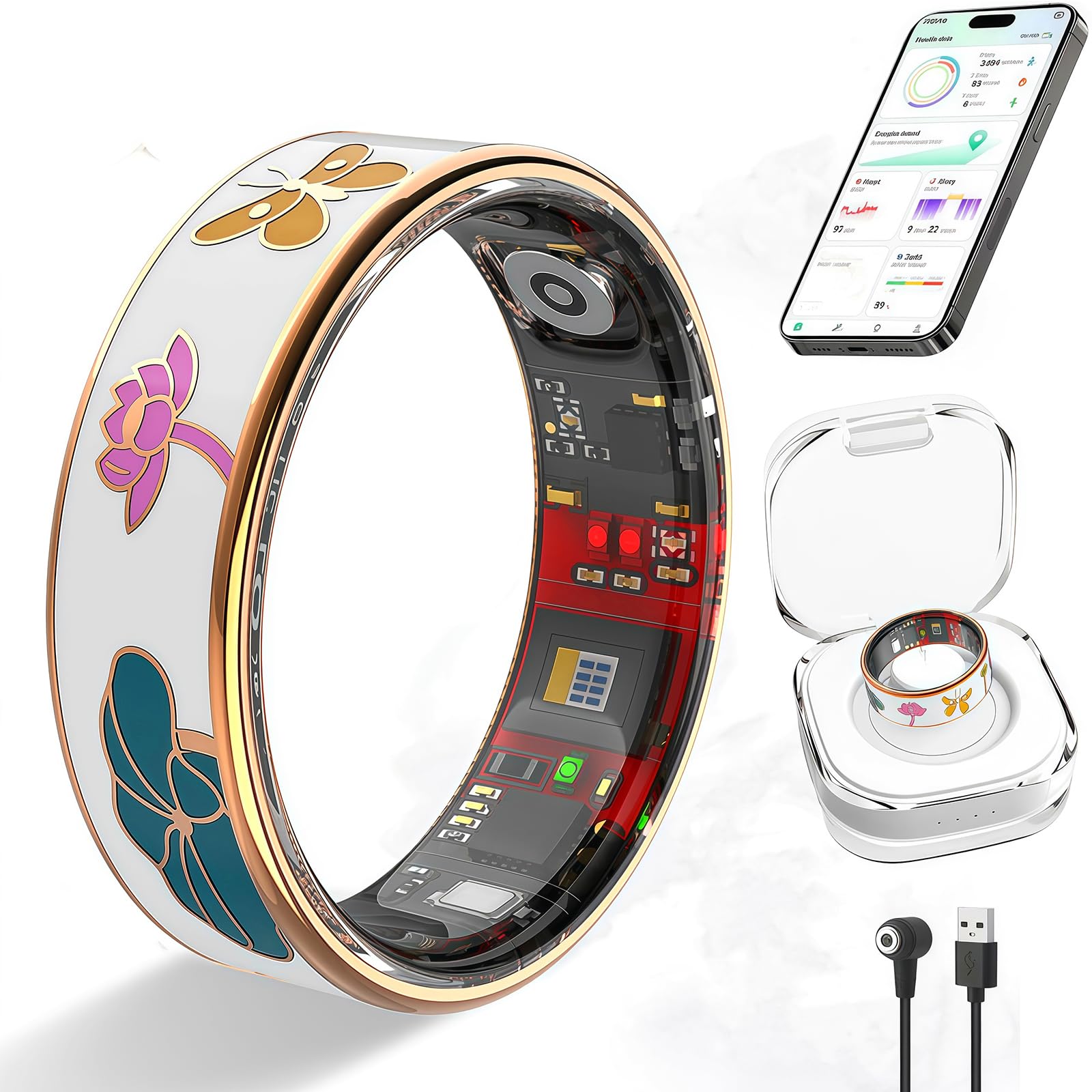 TESKKR Smart Ring for Women,Fitness Tracker with Heart Rate,Blood Oxygen,Menstrual Cycle,Sleep Monitoring,Step Counting,IP68 Waterproof for iOS and