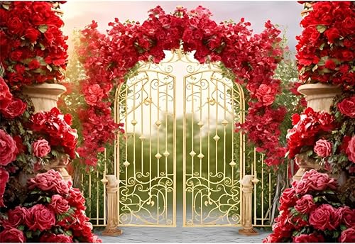 YongFoto Retro Castle Garden French Gold Gate Backdrop 6x4ft Red Rose Flower Arc