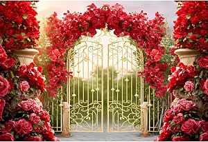 YongFoto Retro Castle Garden French Gold Gate Backdrop 9x6ft Red Rose Flower Arch