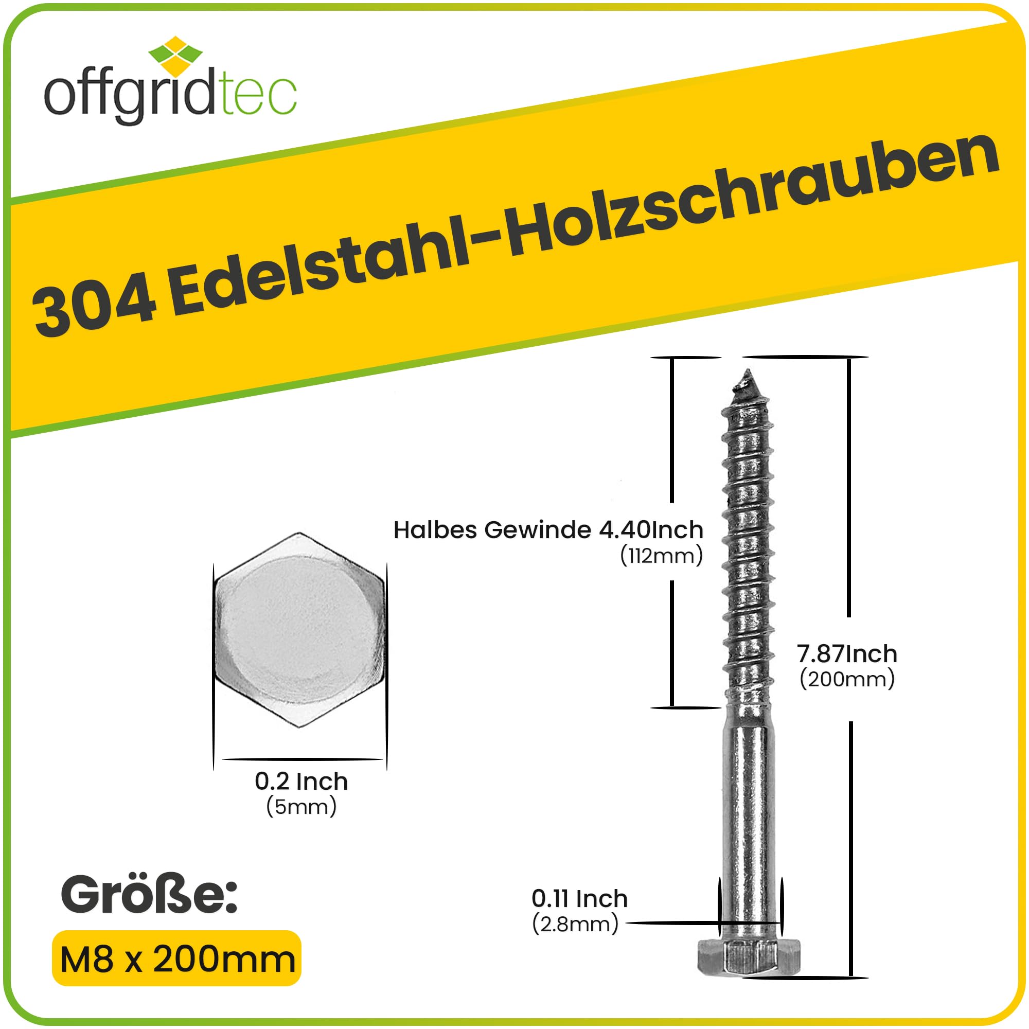 Offgridtec Tornillos hexagonales de acero inoxidable para madera, M8, DIN571, longitud 200 mm, 100 unidades