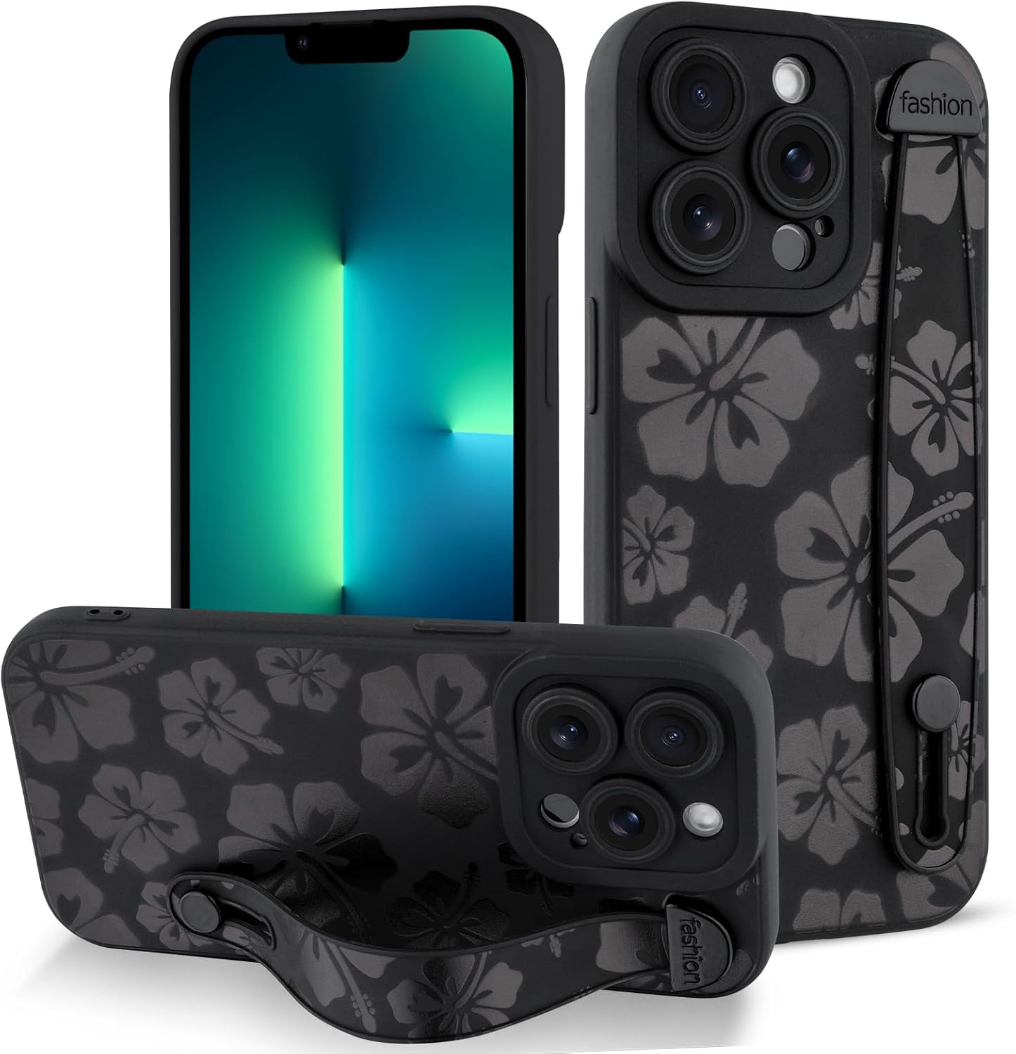 (Different color )Fiyart Designed for iPhone 13 Pro Case Cute Flowers with Strap Soft TPU Phone Cover Protective Camera Lens Protection for Women Men Floral Bumper with Stand 6.1\"-Black iPhone 13 Pro Black