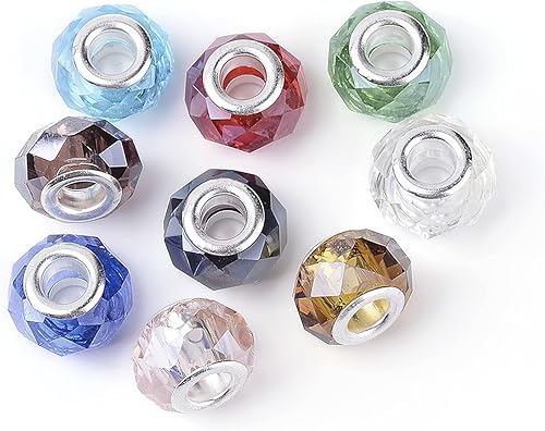 100 cuentas europeas facetadas de vidrio negro Rondelle Agujero grande Agujero grande Perlas sueltas espaciadoras sin agujero de metal 0.551x0.315