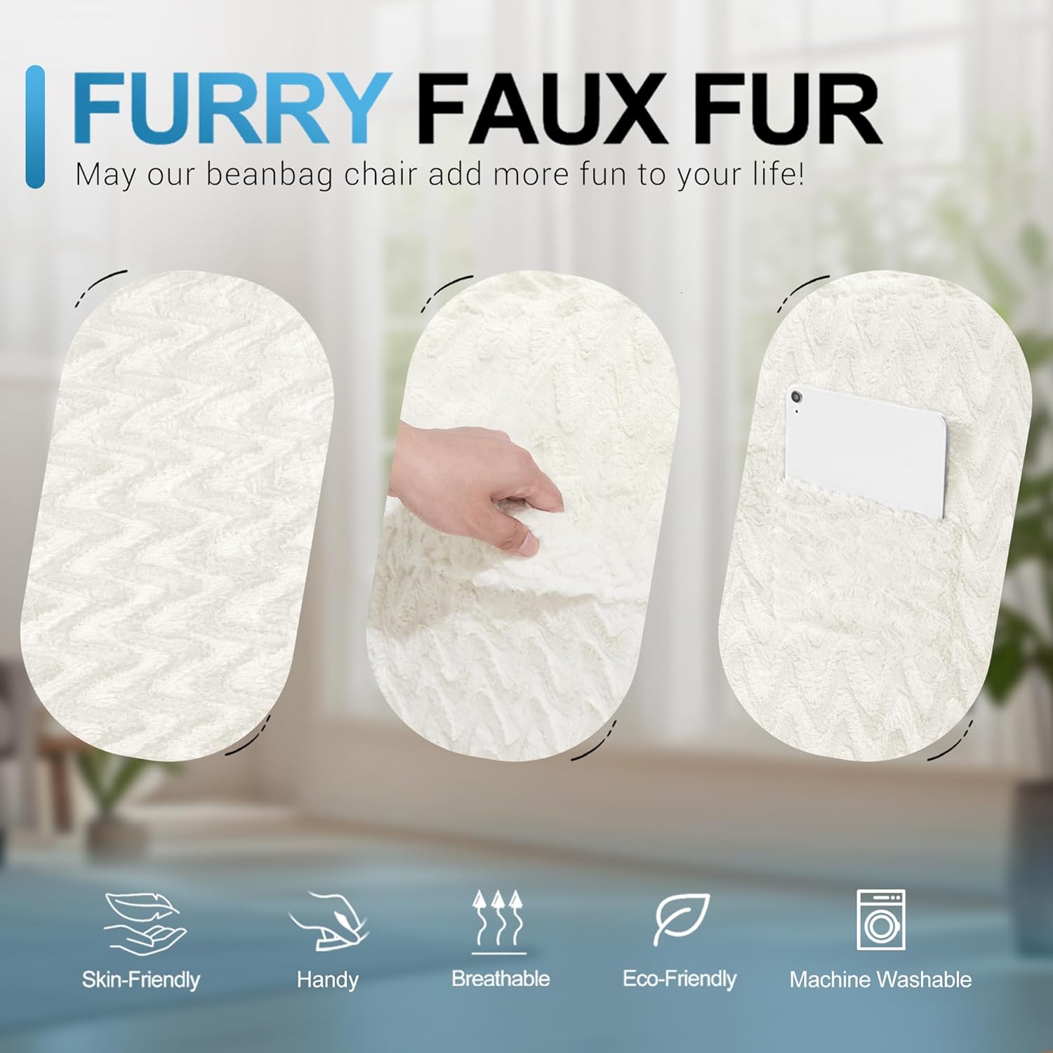 HABUTWAY 3FT Bean Bag Chair,Giant Bean Bag Chairs for Adults,Big Bean Bags with Memory Foam Filled, Large Beanbag Chairs with Chevron Plush Cover-White