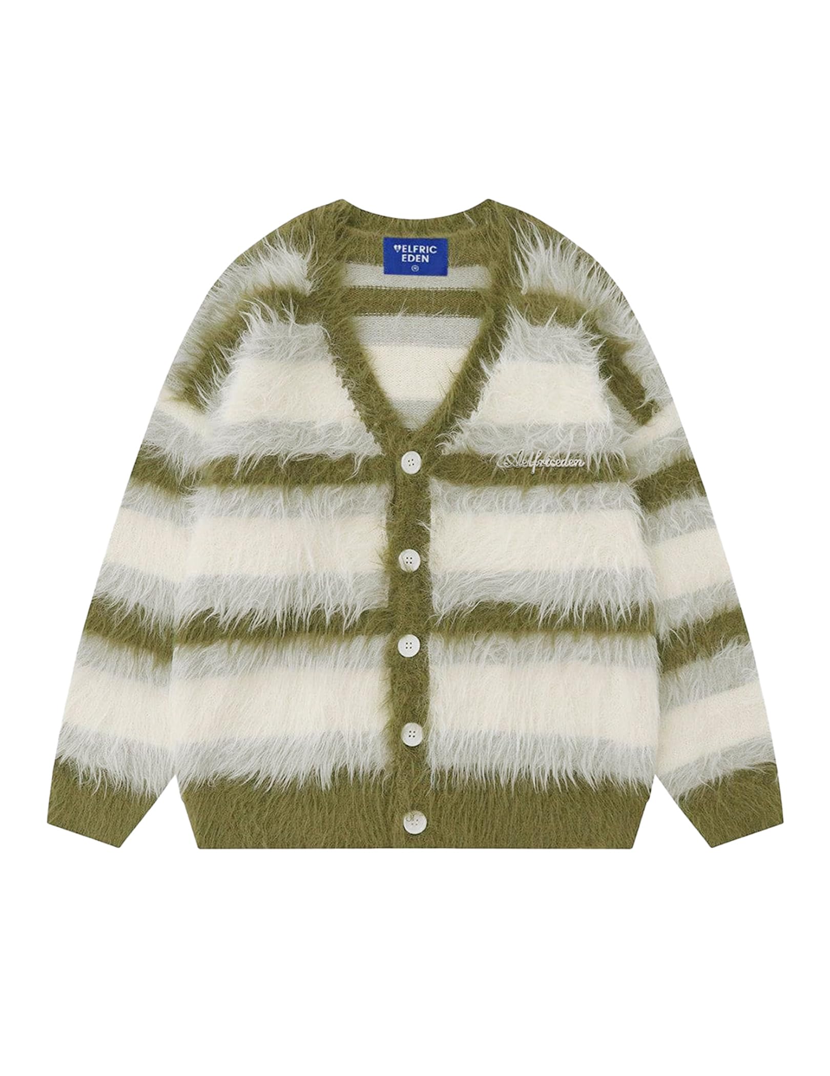 Aelfric Eden Color Blocking Striped Fuzzy Cardigan Crewneck Vintage Oversized Button Down Knit Cardigans Sweater Tops