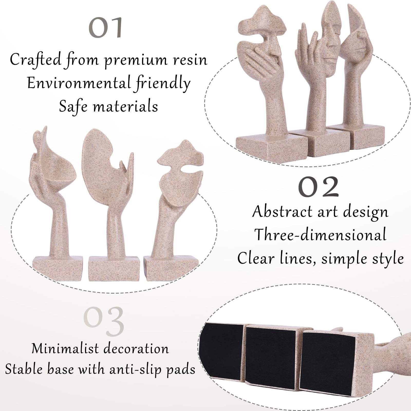 olirum - Set di 3 statue grandi in resina arenaria astratta, per soggiorno, camera da letto, scaffali, scrivania dell'ufficio, tavolino da caffè, regalo per donne (3 pezzi, arenaria, 22,9 cm)