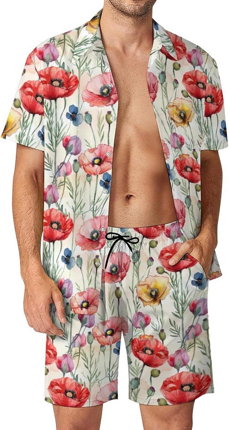 Poppy Flowers Men's Summer Beach Outfits Shirt And Shorts Set 2 Piece Vacation Swimwear