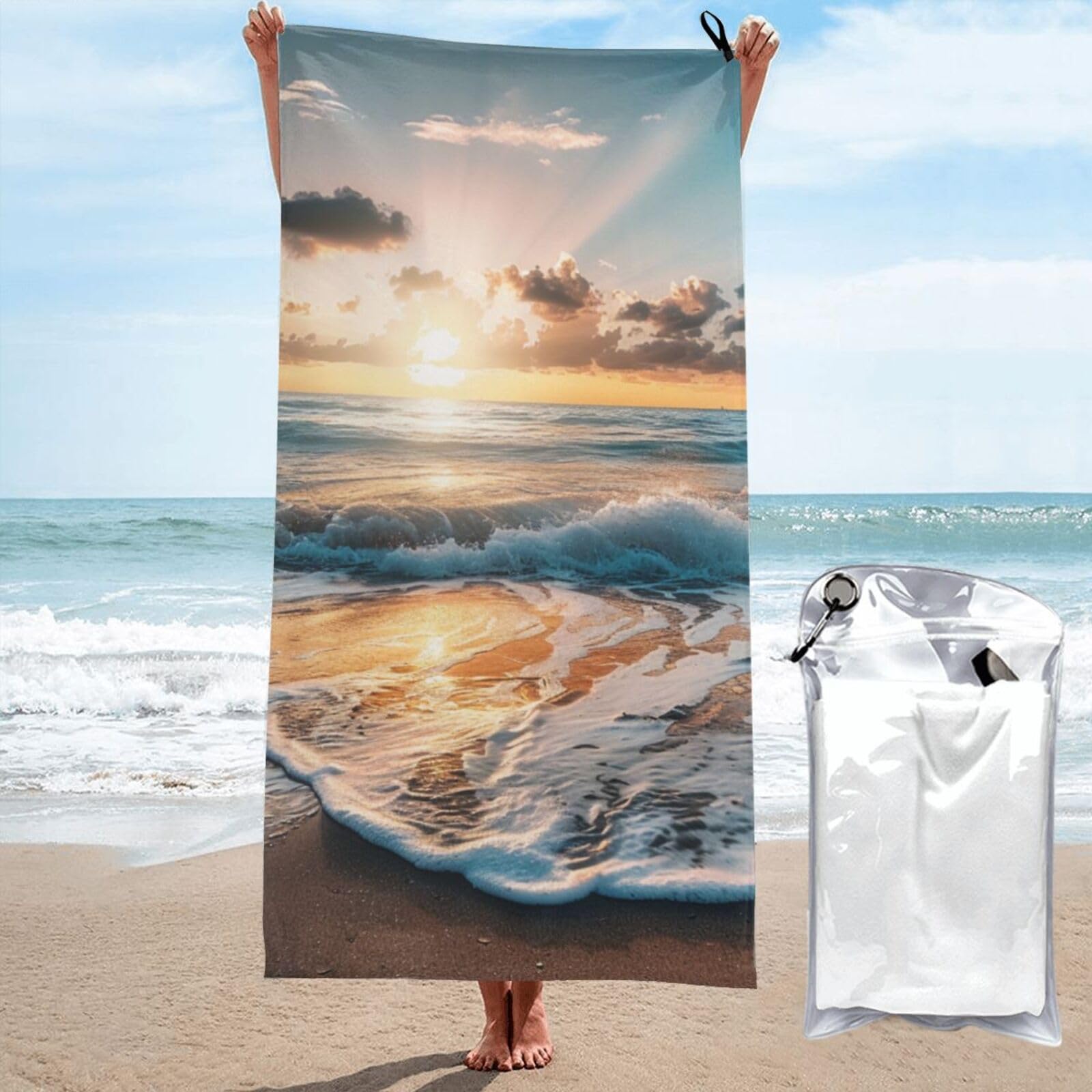 BWWHCCTI Beach Sunset Sea Waves Printed Microfiber Quick Dry Beach Towel 80x160 CM, Fast Drying Bath Towels with Bags for Travel,Camping,Gym,Beach,Swimming,Yoga