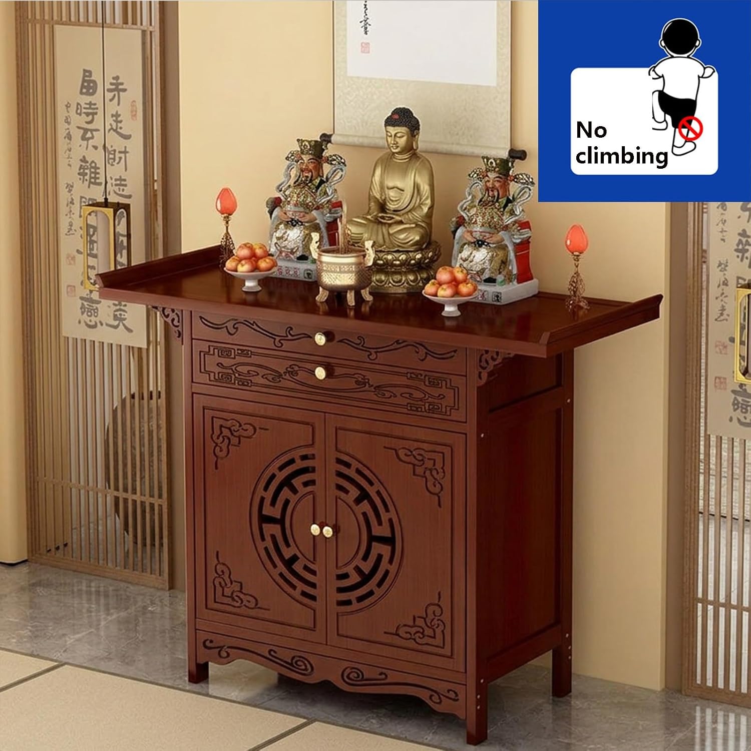 Wood Altar Table with Storage Cabinet & Drawer, Traditional Buddhist Altar Cabinet for Meditation Room, Solid Wood Personal Shrine Stand(66cm/25.9in)