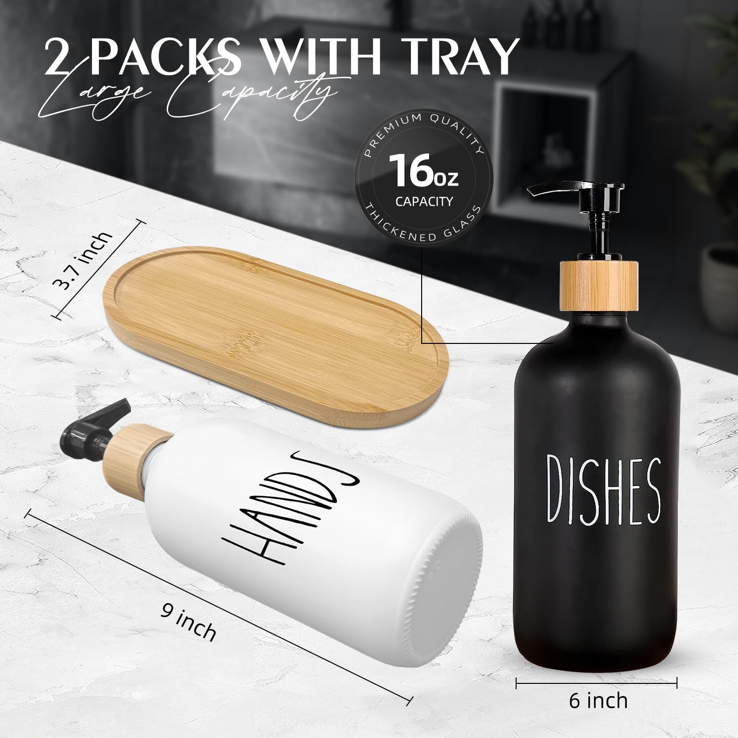 Arktek Set di dispenser di sapone in vetro con vassoio, confezione da 2 dispenser per bottiglie per bagno e cucina, set di dispenser di sapone per piatti, sapone per le mani, lozione da 500 ml (bianco