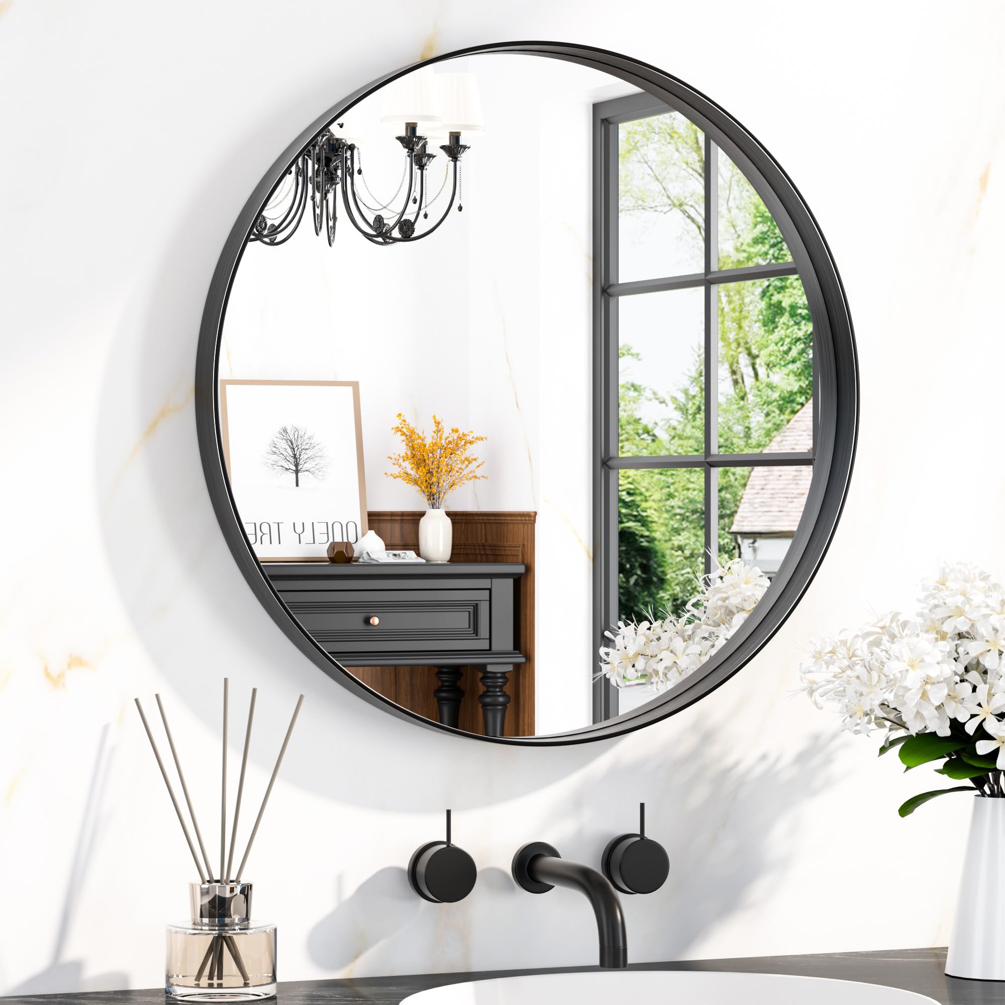 Keonjinn 60cm Black Round Bathroom Mirror Wall Mounted, Aluminium Metal Frame Wall Mirror HD Glass Vanity Mirror for Bedroom Living Room Entryway Home Decor