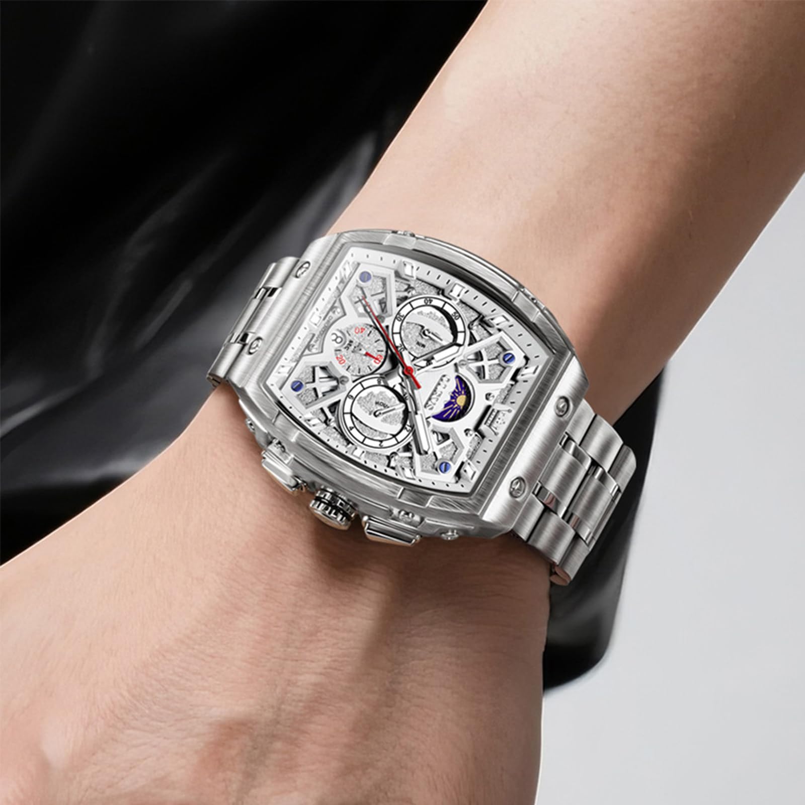 OLEVS Herren Uhr Chronograph Großes Quadrat Edelstahl Quarz Analog | Tonneau Design 44mm großen Zifferblatt Armbanduhr, 30m Wasserdicht, mit Mondphase, Leuchtend, Doppelte Zeitzone
